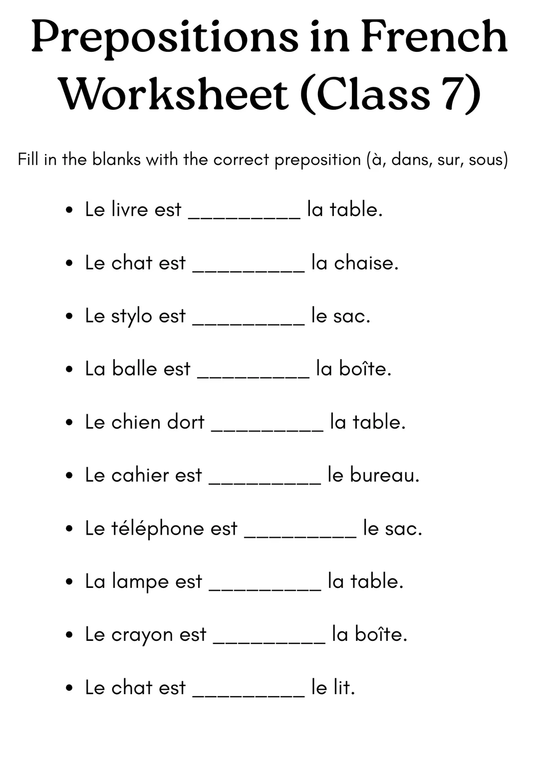 prepositions in french worksheet class 7 – cover