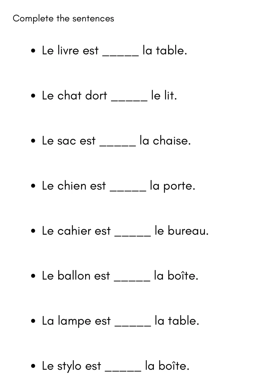 Complete the sentences: students write a location preposition in 8 French sentences about a book, cat, bag and lamp