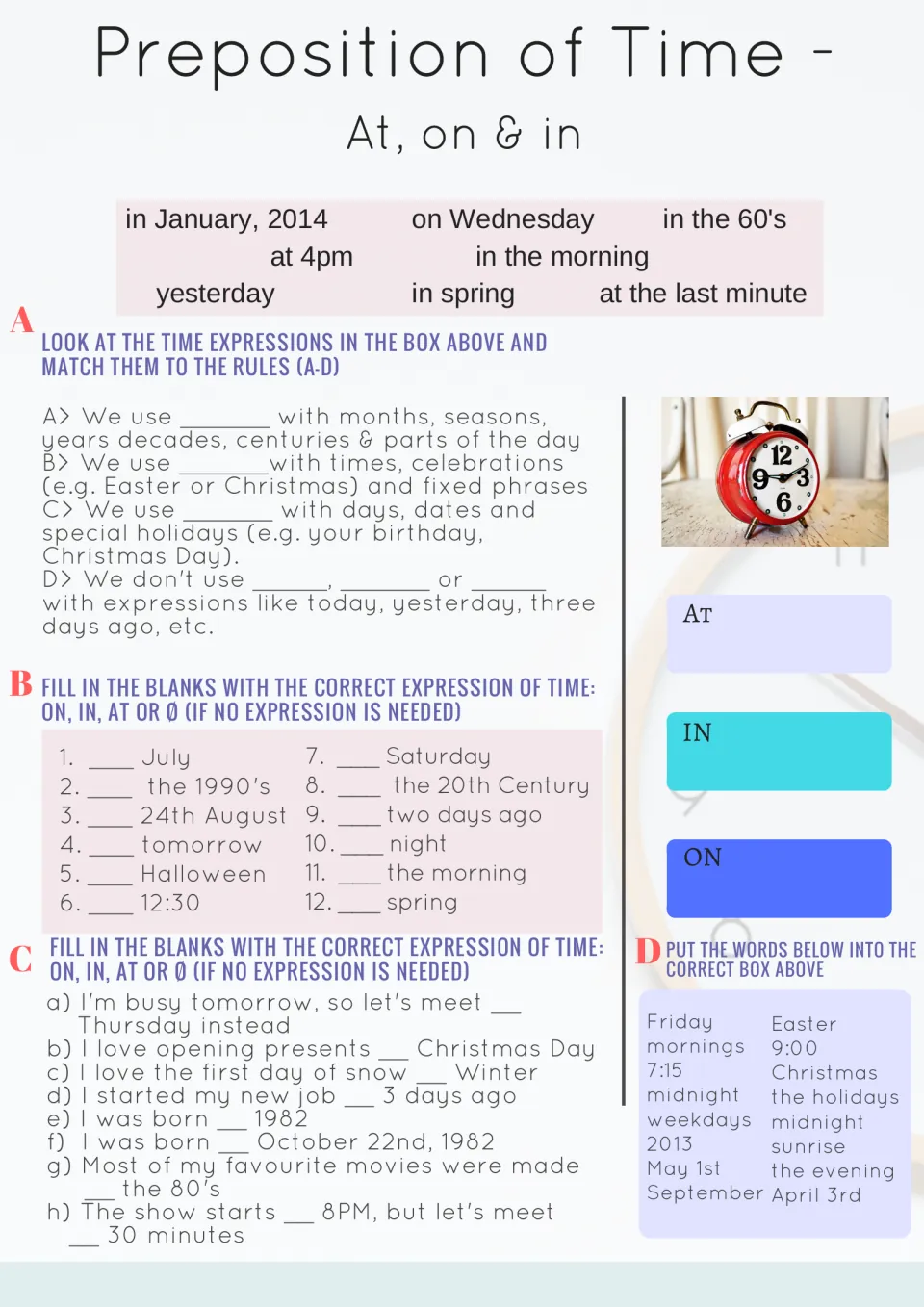 At, on and in time worksheet: match rules A–D, fill blanks with at, on, in or Ø, sort words like Friday and 7:15