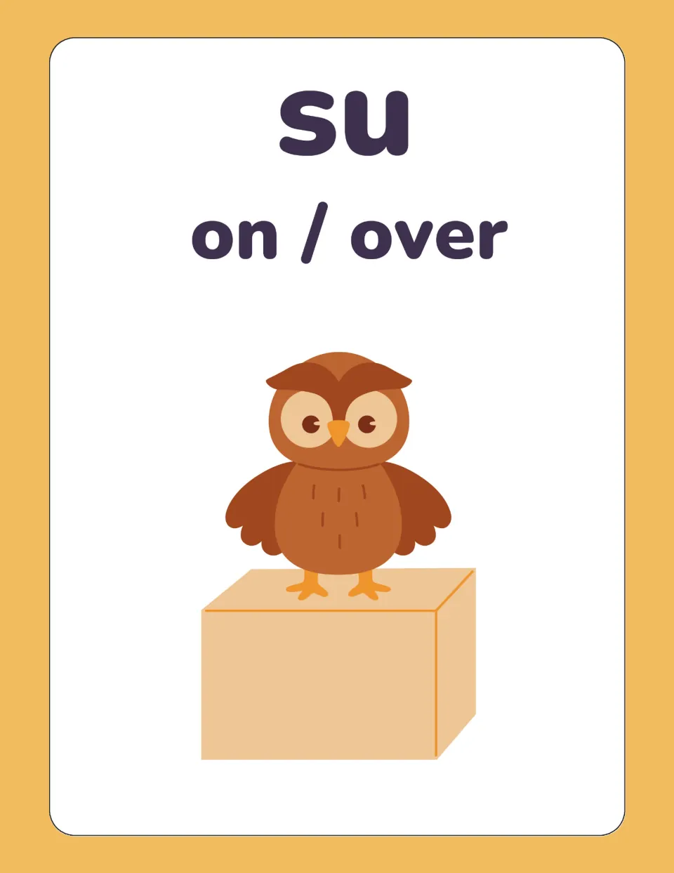 Italian preposition flashcard for su (on / over), illustrated by an owl standing on top of a box