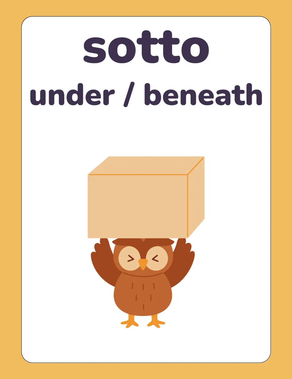 Italian preposition flashcard for sotto (under / beneath), showing an owl holding a box above its head