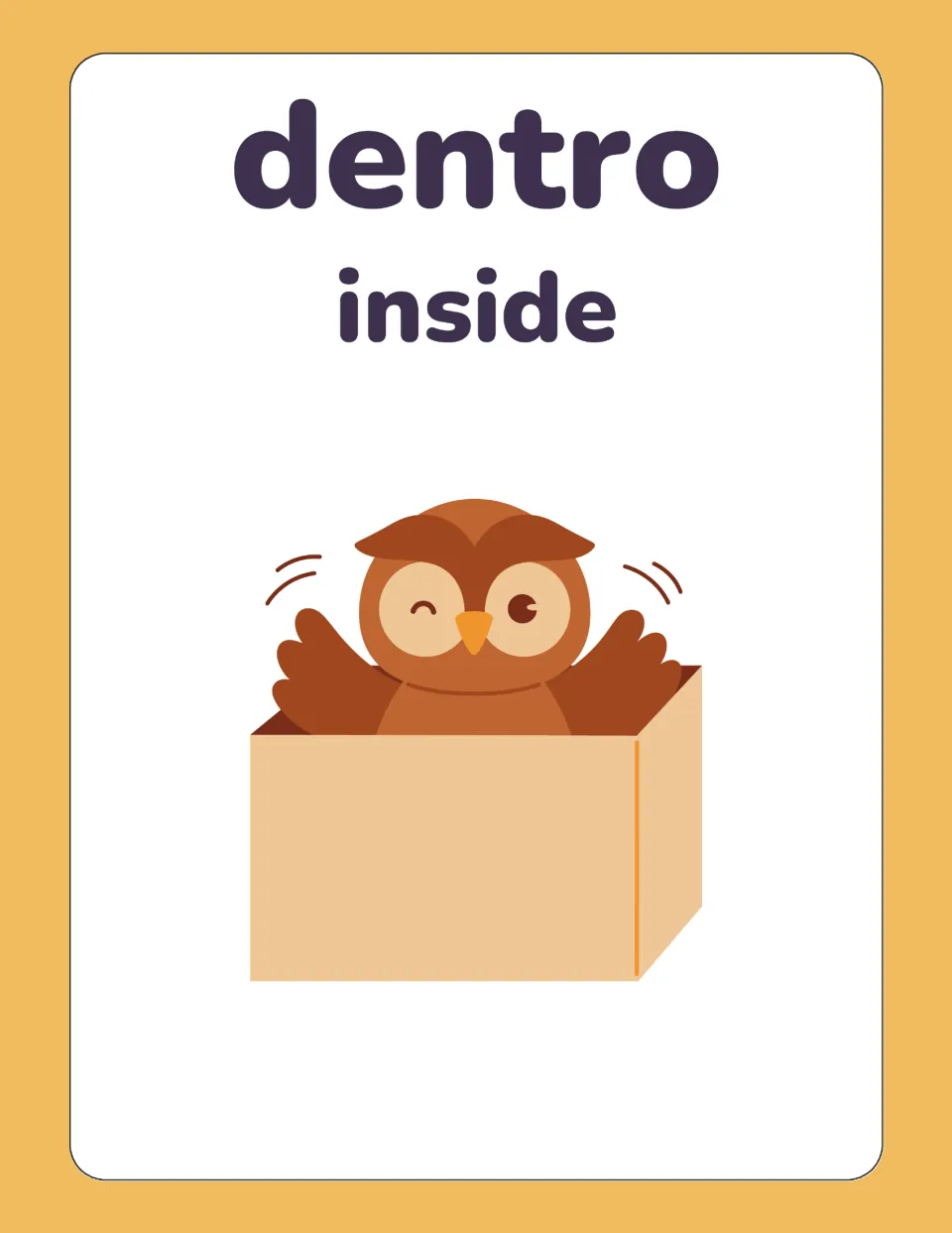 Italian preposition flashcard for dentro (inside), showing an owl sitting inside an open cardboard box