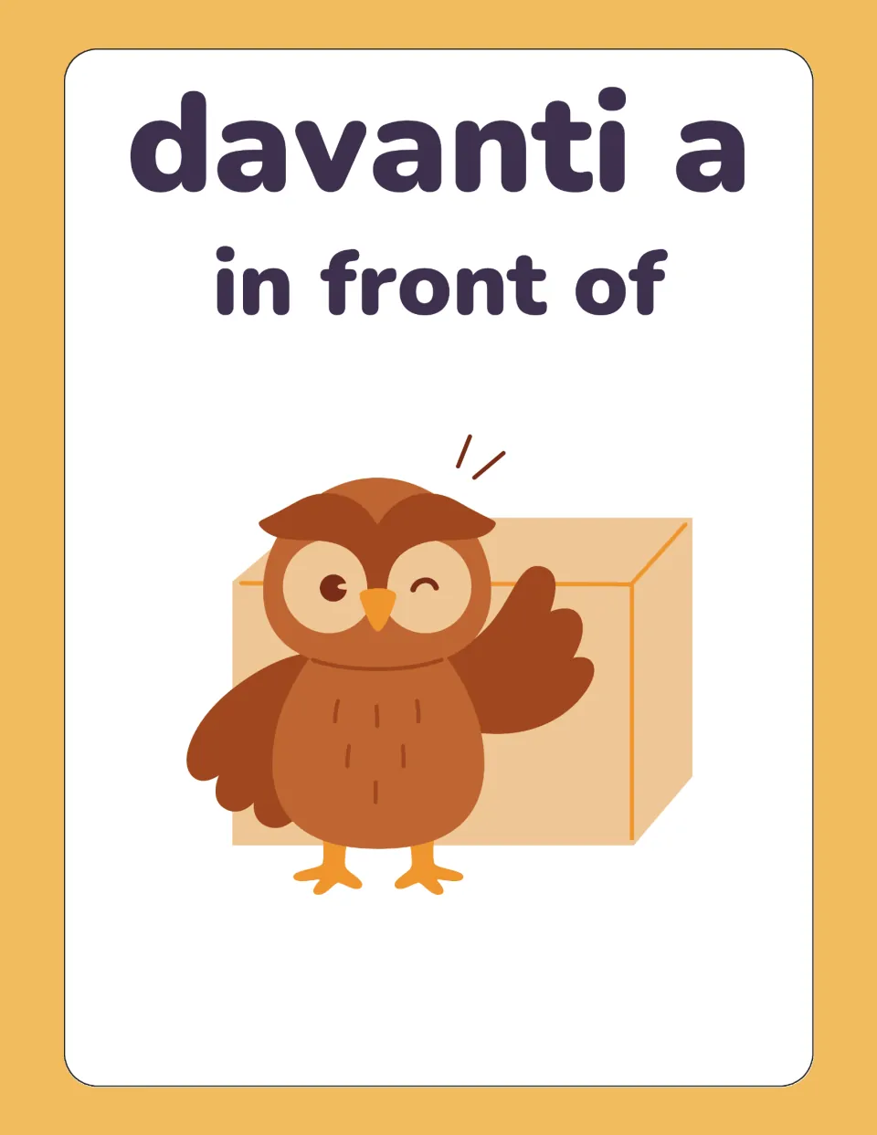 Italian preposition flashcard for davanti a (in front of), showing a waving owl in front of a box