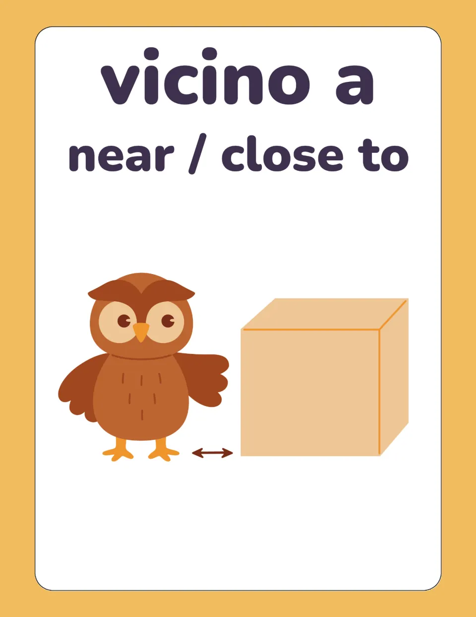Italian preposition flashcard for vicino a (near / close to), showing an owl a short distance from a box