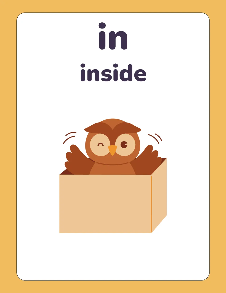 German preposition card for in, translated inside, with a winking owl peeking out of an open cardboard box