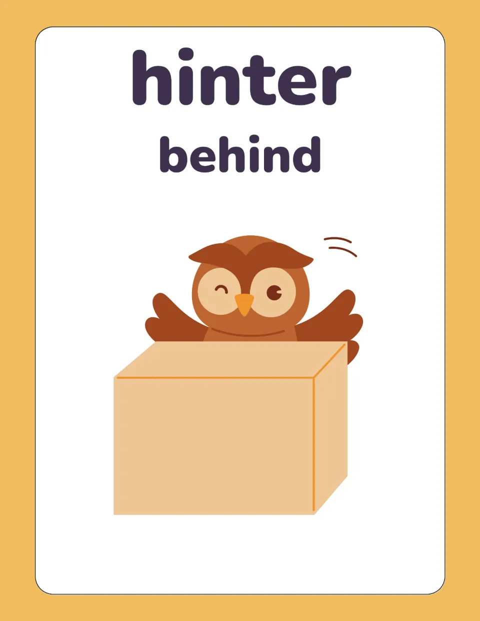 German preposition card for hinter, translated behind, with an owl whose head and wings peek out from behind a box
