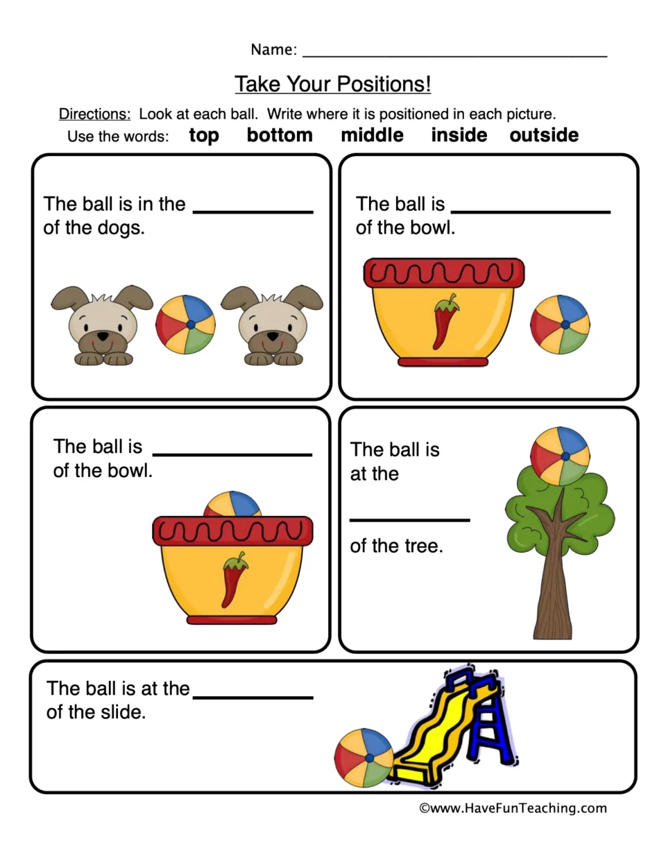 Position words: students write top, bottom, middle, inside or outside to tell where a ball is in 5 pictures