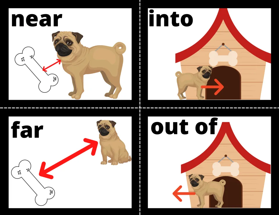 Preposition flash cards 17–20: near, into, far, and out of, with arrows showing distance or direction