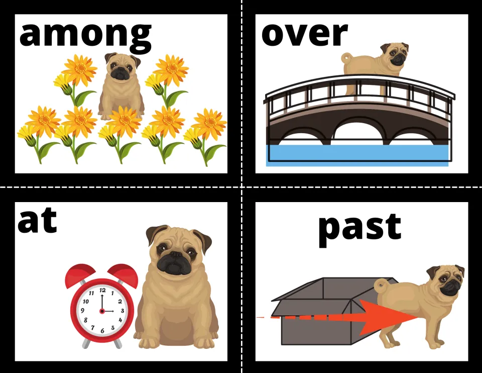 Preposition flash cards 29–32: among, over, at, and past, showing pugs with flowers, a bridge, clock, or box