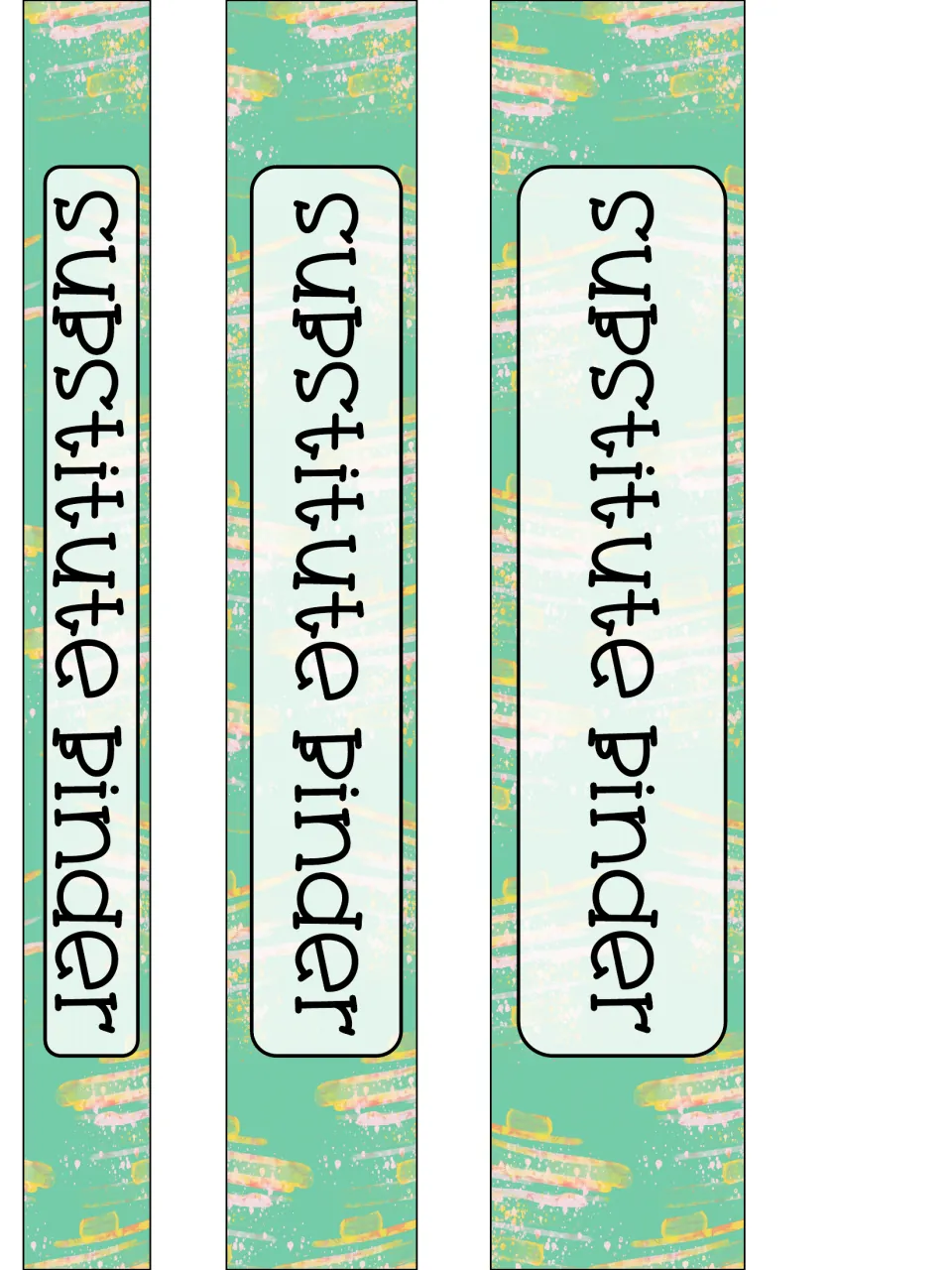 Substitute Binder spine labels in three widths, each reading Substitute Binder sideways on a mint brushstroke design