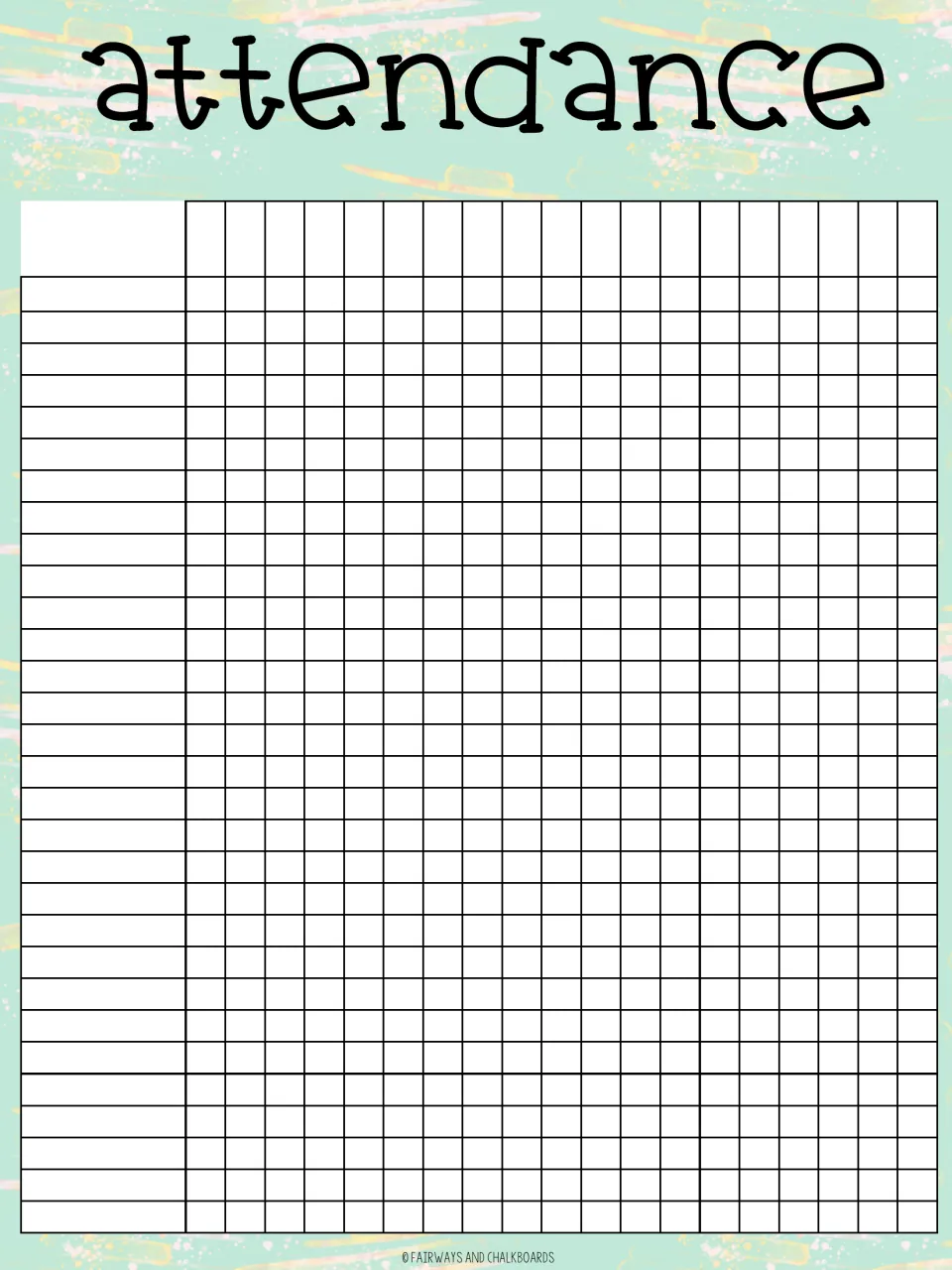Attendance record sheet: blank spaces to write each student's name and mark them present or absent across several days