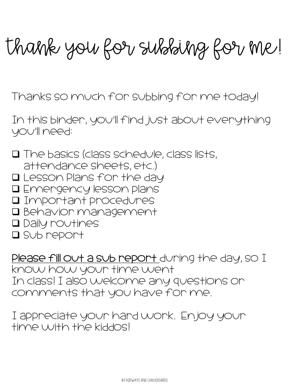Substitute binder welcome note lists classroom information sections and asks the substitute to fill out a report