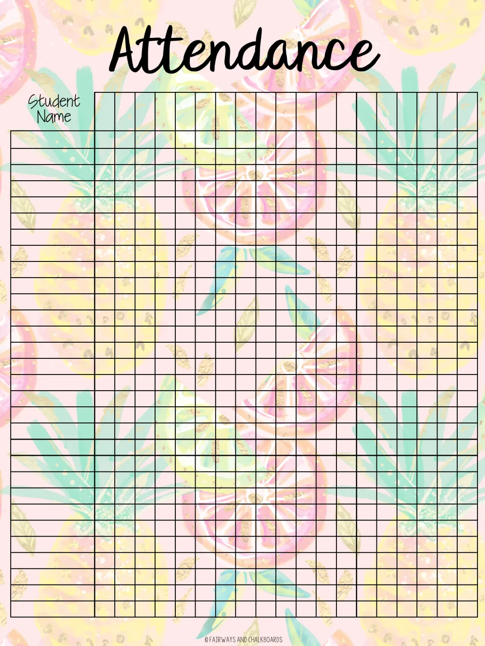 Substitute binder attendance record titled 'Attendance' has a Student Name label and blank spaces for entries