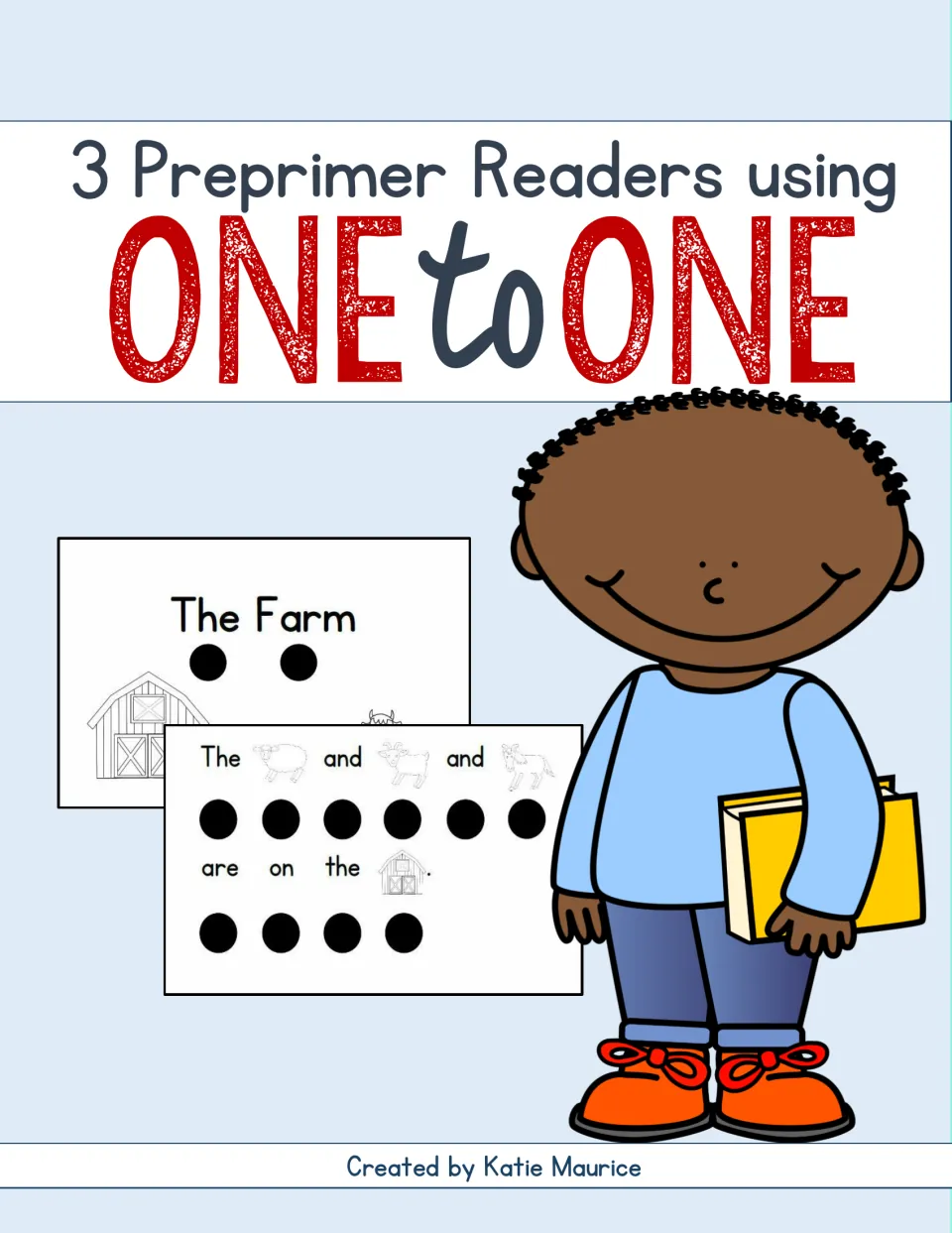 Cover for 3 preprimer readers with one-to-one dots under each word, showing The Farm pages and a boy holding a book