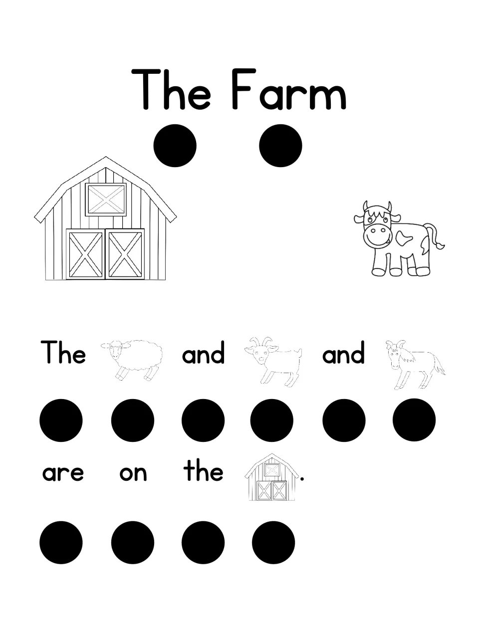 The Farm reader: students touch a dot under each word and picture in 'The sheep and goat and horse are on the barn.'