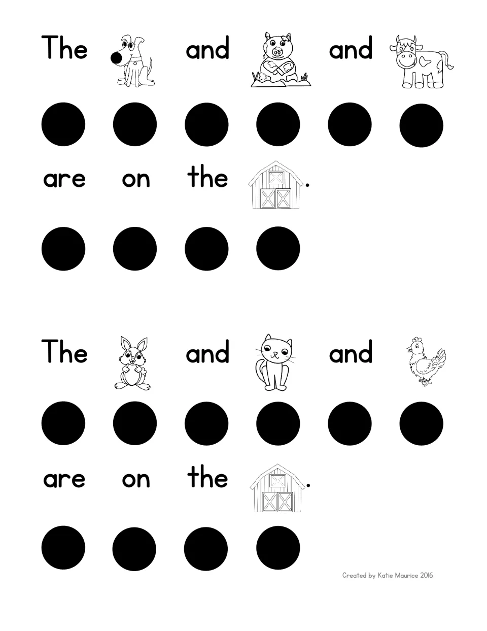 The Farm sentences: students point to dots under each word for dog, pig and cow, then bunny, cat and hen 'are on the barn'