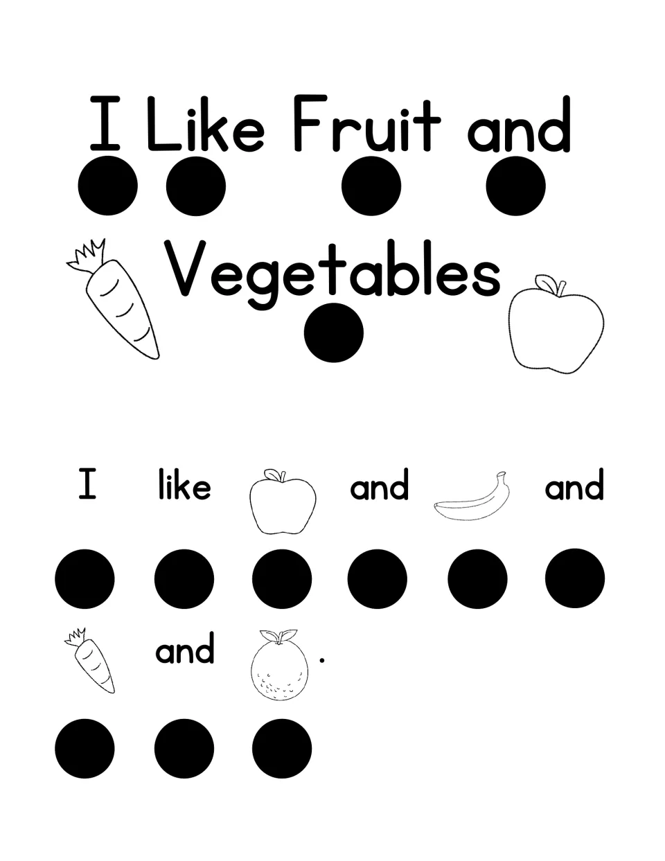 I Like Fruit and Vegetables reader: students tap a dot per word to read 'I like apple and banana and carrot and orange.'