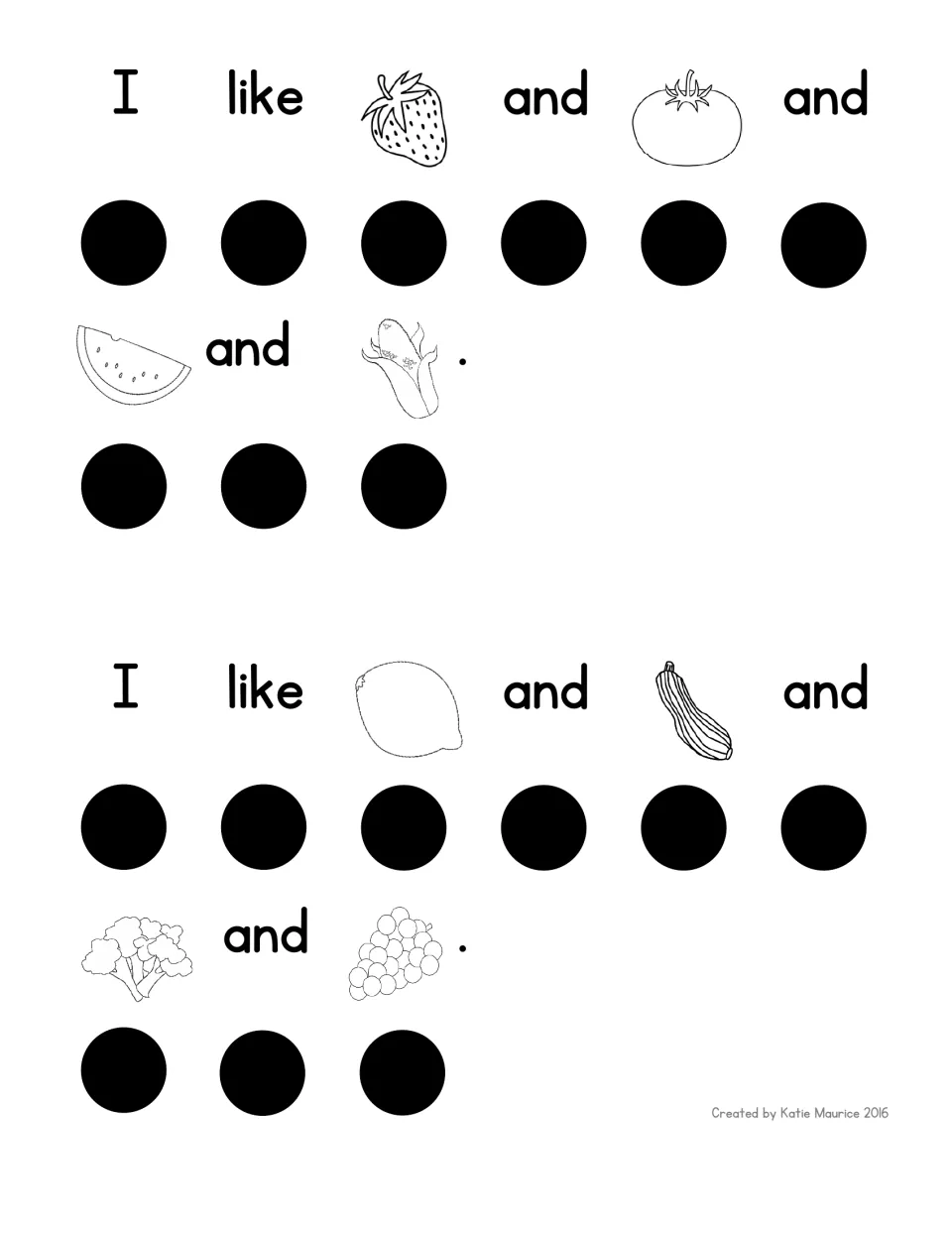 Food rebus lines: students tap a dot per word with strawberry, tomato, watermelon, corn, lemon, squash, broccoli, grapes