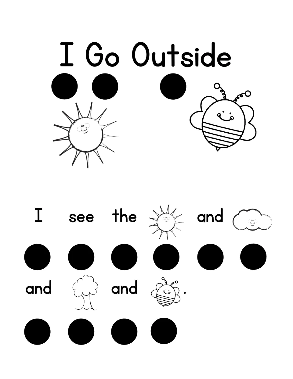 I Go Outside reader: students point to a dot under each word to read 'I see the sun and cloud and tree and bee.'
