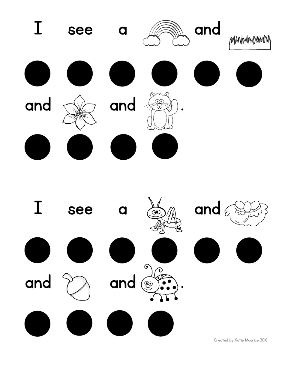 Outdoor 'I see a' sentences: students tap dots per word for rainbow, grass, flower, cat, then insect, nest, acorn and ladybug