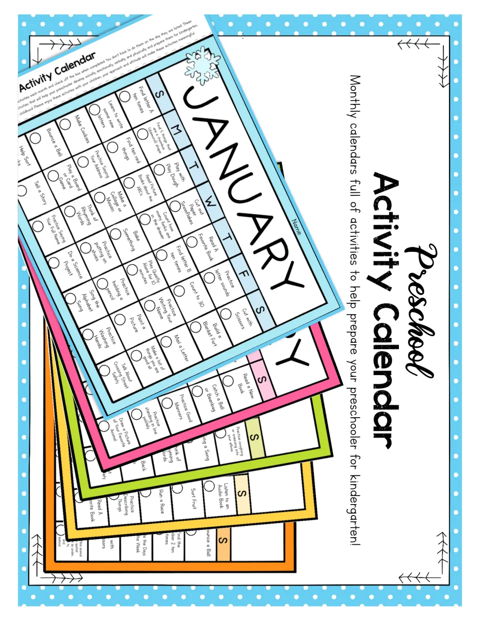 Preschool Activity Calendar cover: fanned monthly calendars of daily activities to help prepare a child for kindergarten