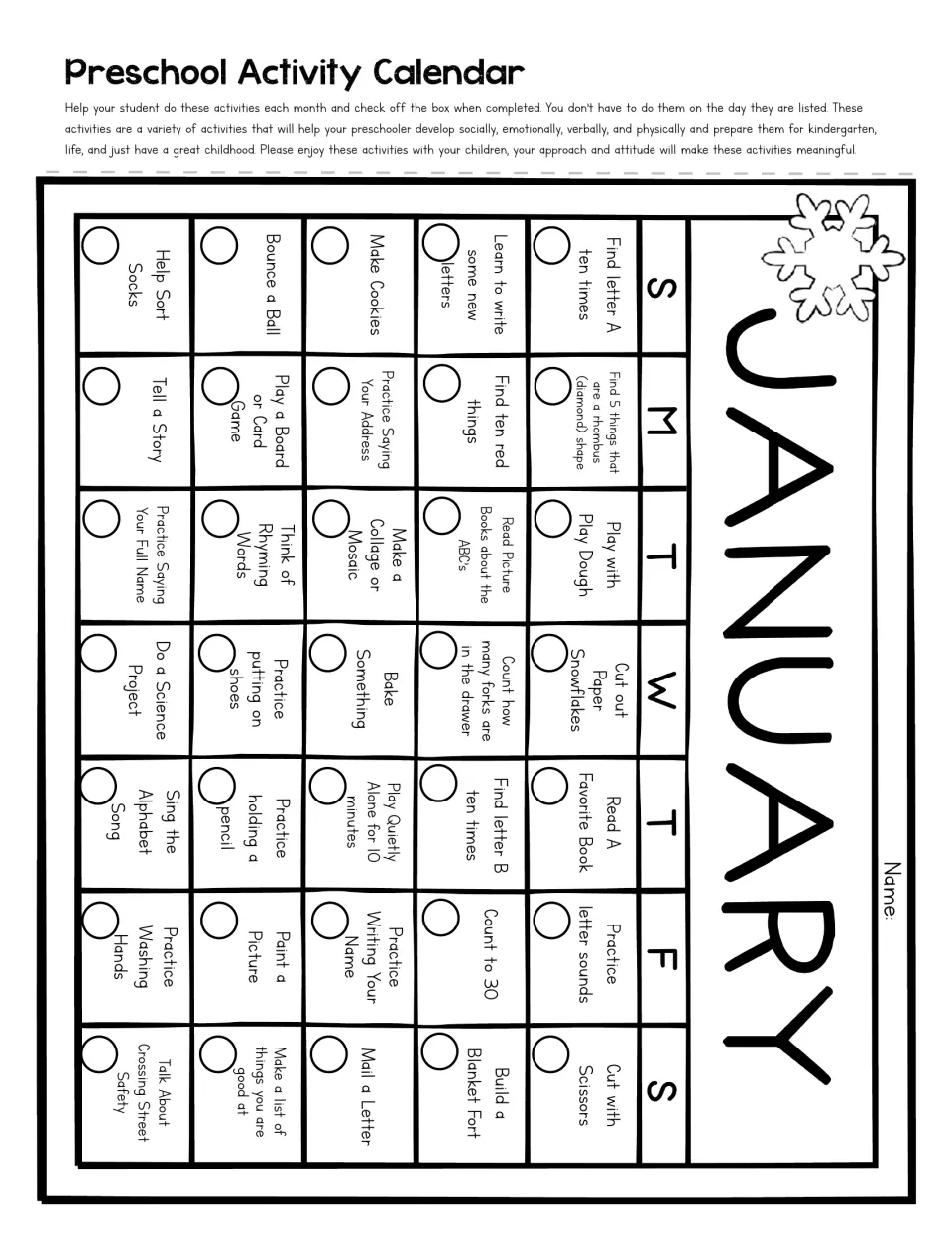 January calendar: children check off daily tasks such as finding letter A, counting to 30 and cutting paper snowflakes