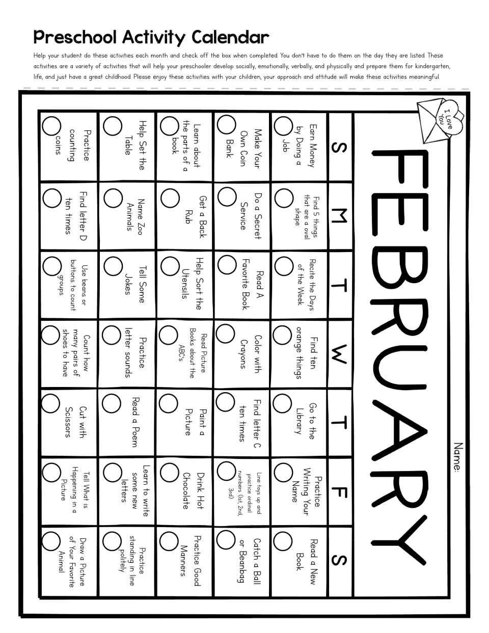 February calendar: tasks include finding letters C and D, counting coins, reciting days of the week and ordinal numbers