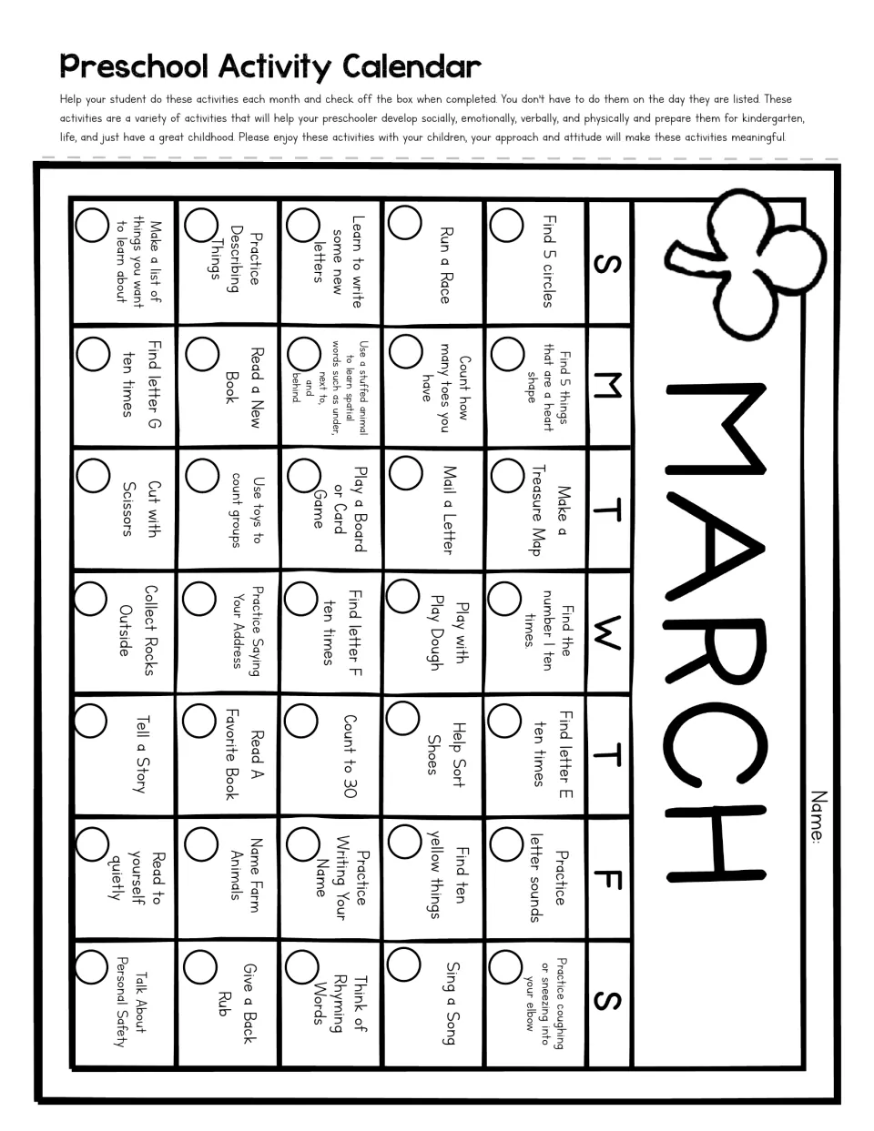 March calendar: tasks like finding letters E to G, the number 1 and heart shapes, plus rhyming words and spatial words