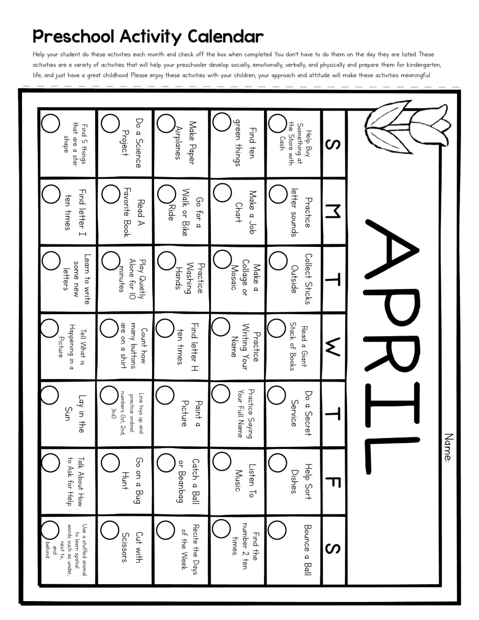 April calendar: tasks include finding letters H and I, the number 2 and star shapes, going on a bug hunt and a job chart