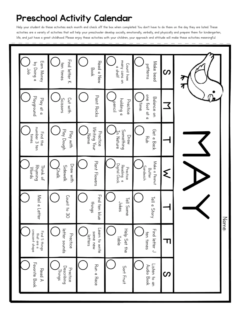 May calendar: children find letters J and K and the number 3, make bead patterns and practice reading a digital clock
