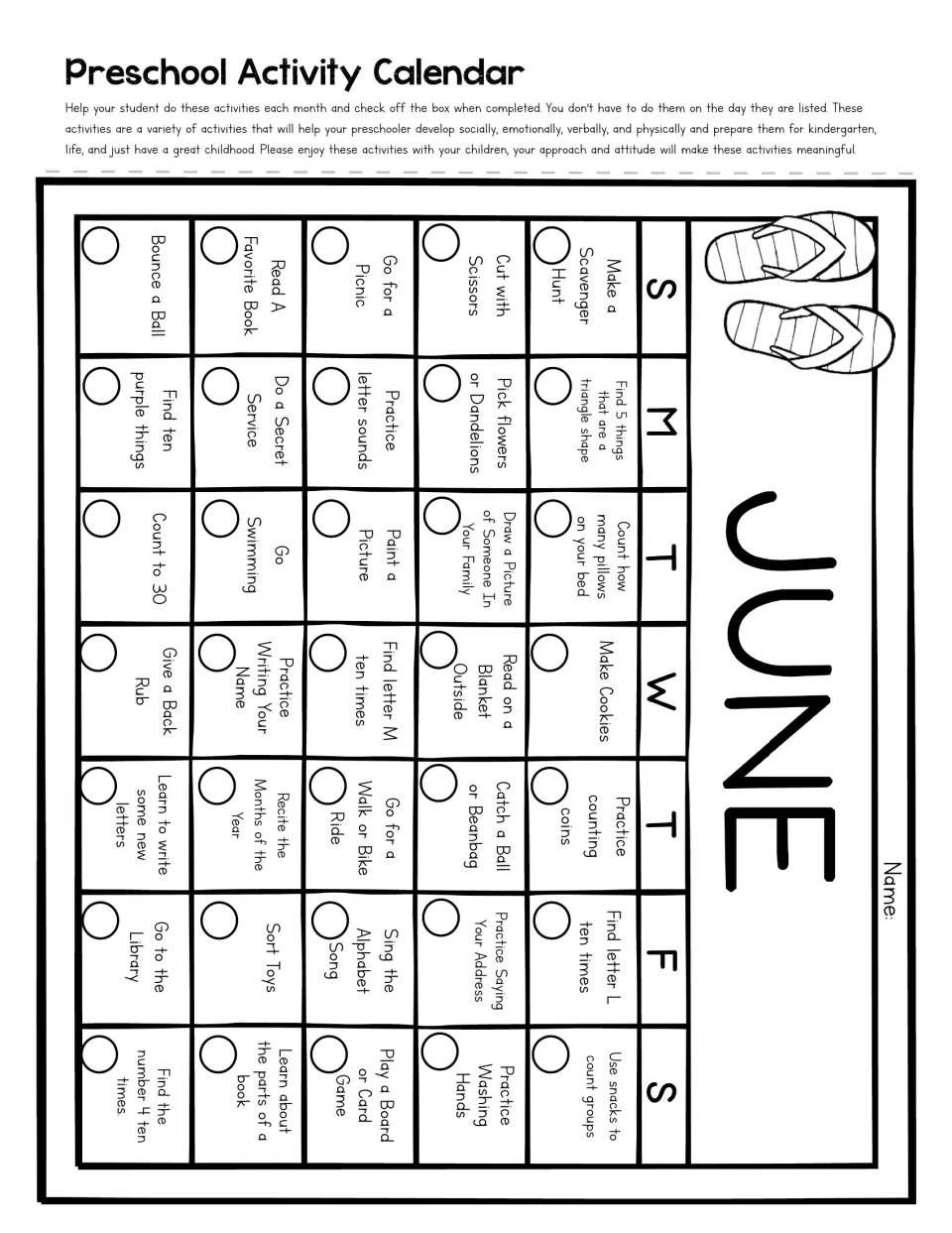 June calendar: tasks include finding letters L and M, the number 4, triangle shapes, a scavenger hunt and counting coins