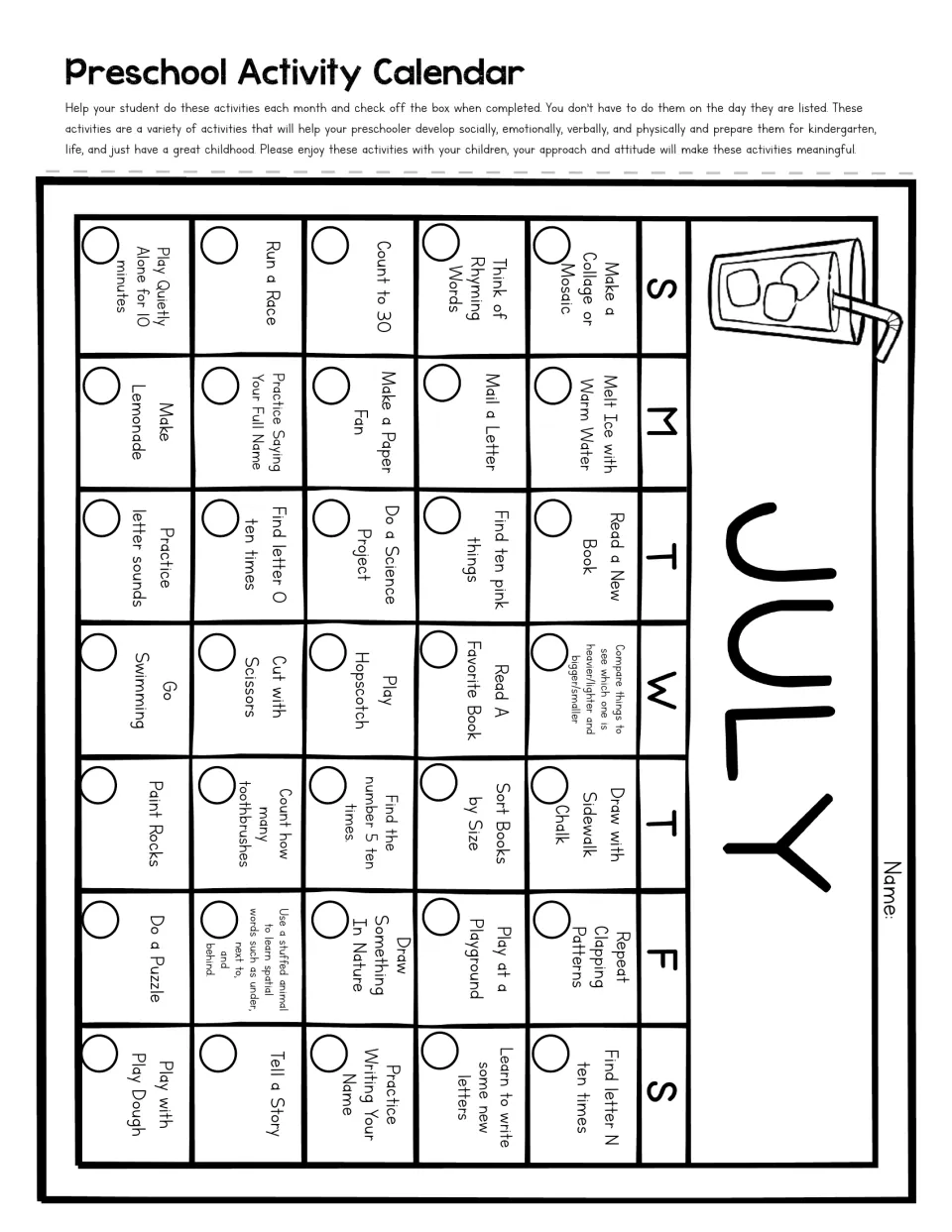 July calendar: children find letters N and O and the number 5, compare heavier and lighter things, repeat clap patterns