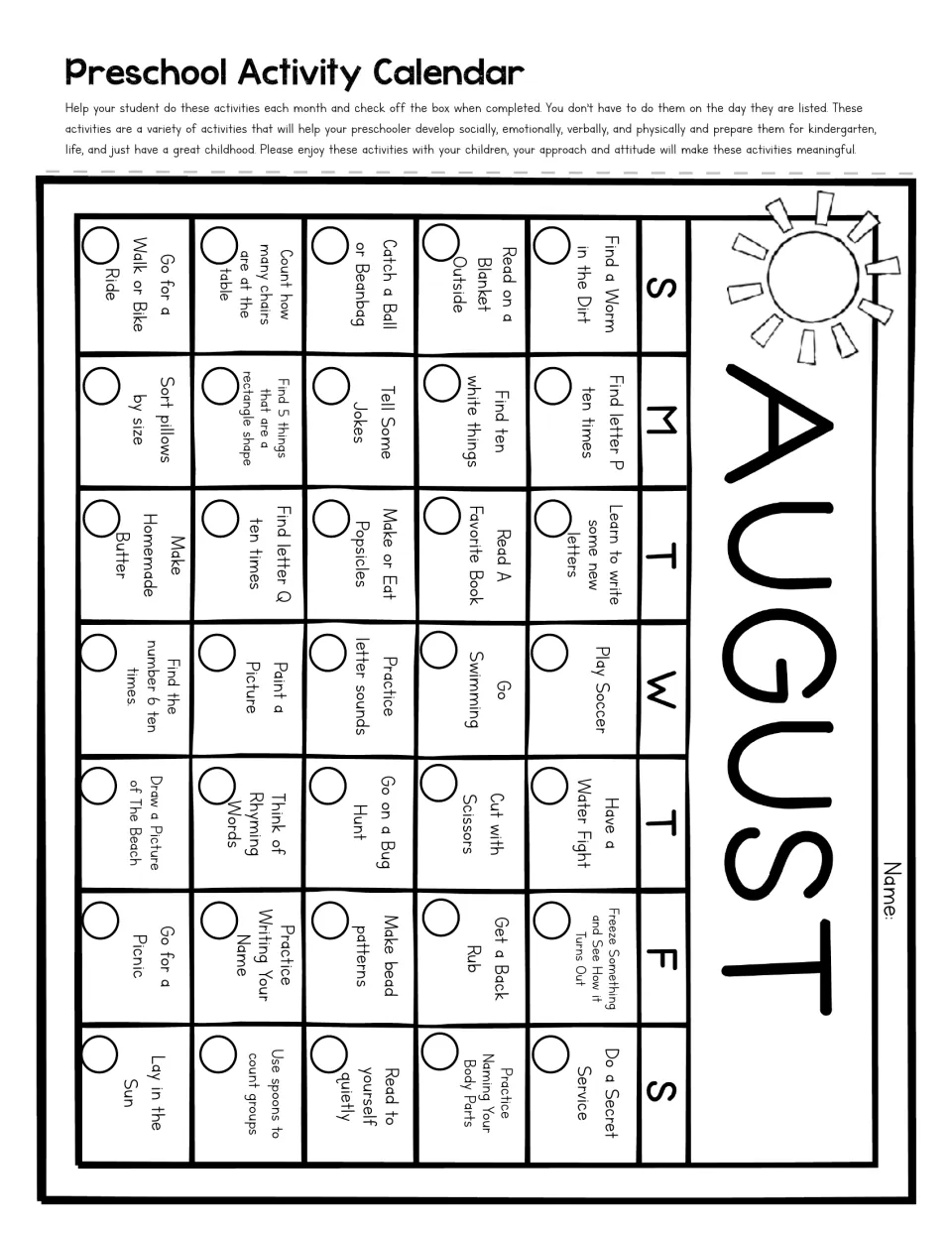 August calendar: tasks include finding letters P and Q, the number 6, rectangle shapes and naming body parts