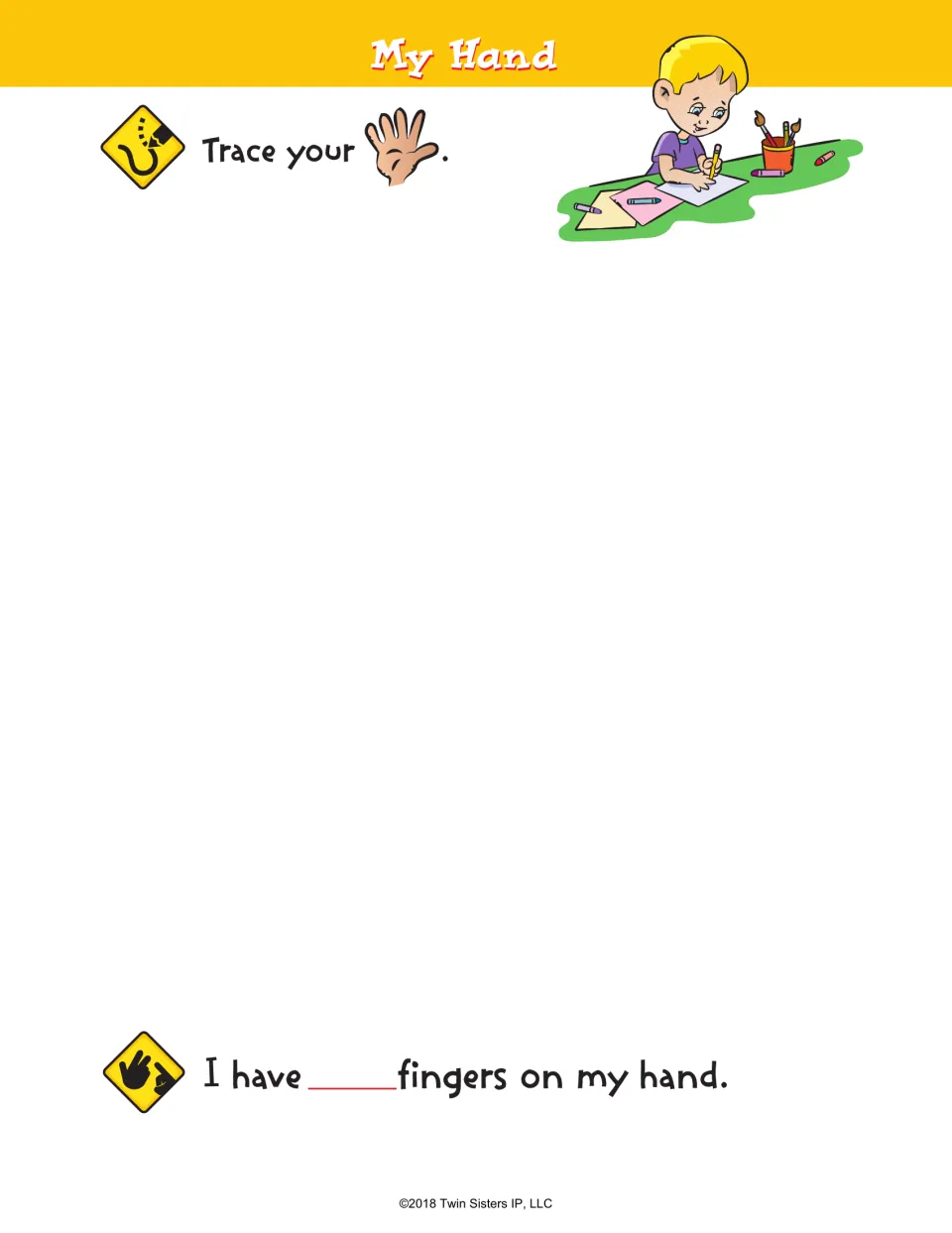 My Hand activity asks children to trace their hand and complete 'I have ___ fingers on my hand.'