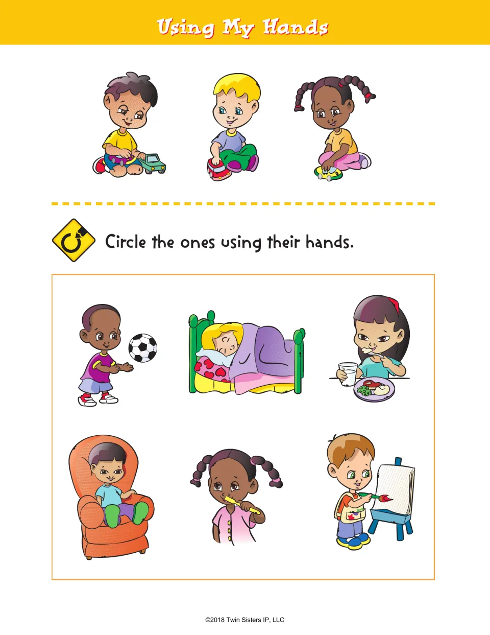 Using My Hands activity asks children to circle people using their hands, including eating and painting.