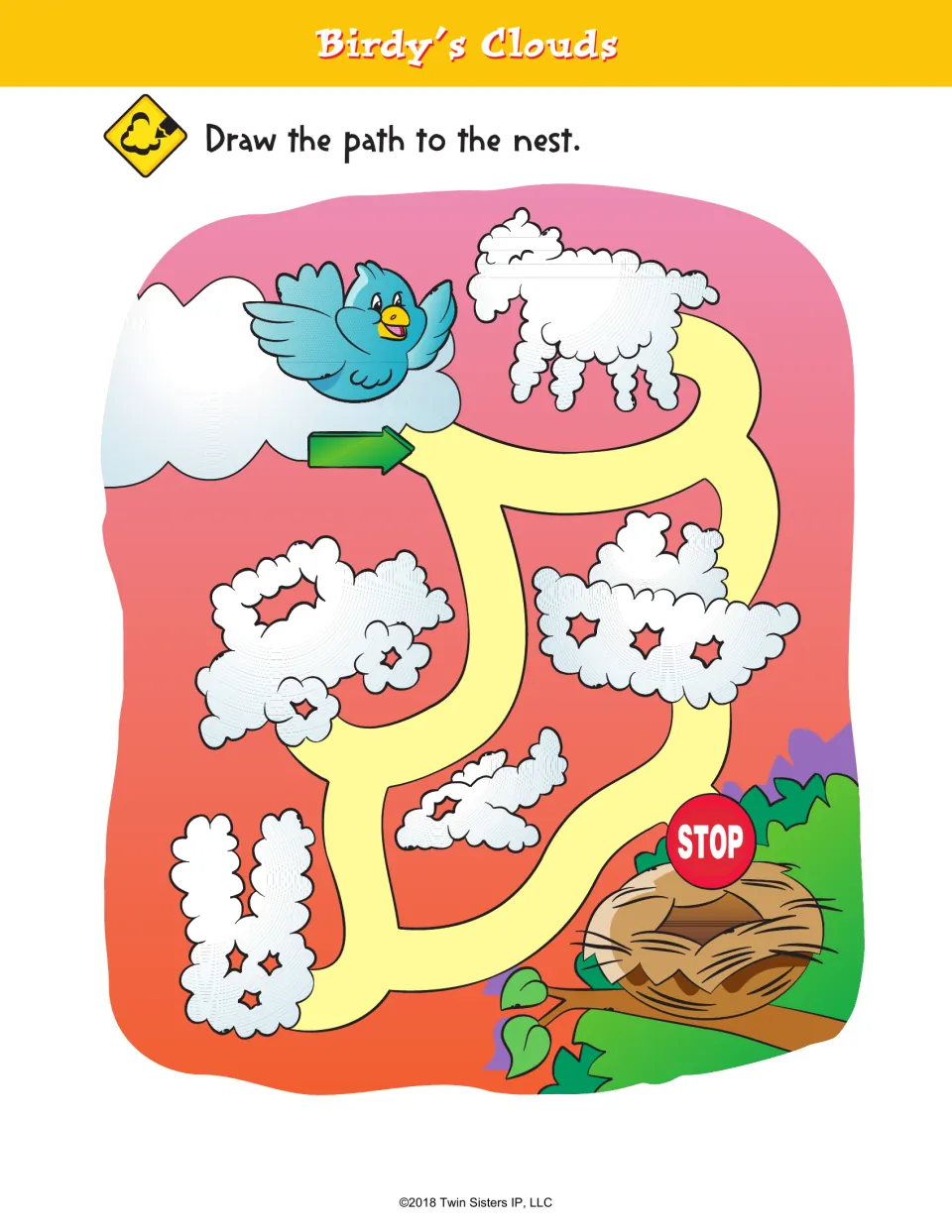 Birdy's Clouds maze asks children to draw a path from the bird to its nest through routes among clouds.