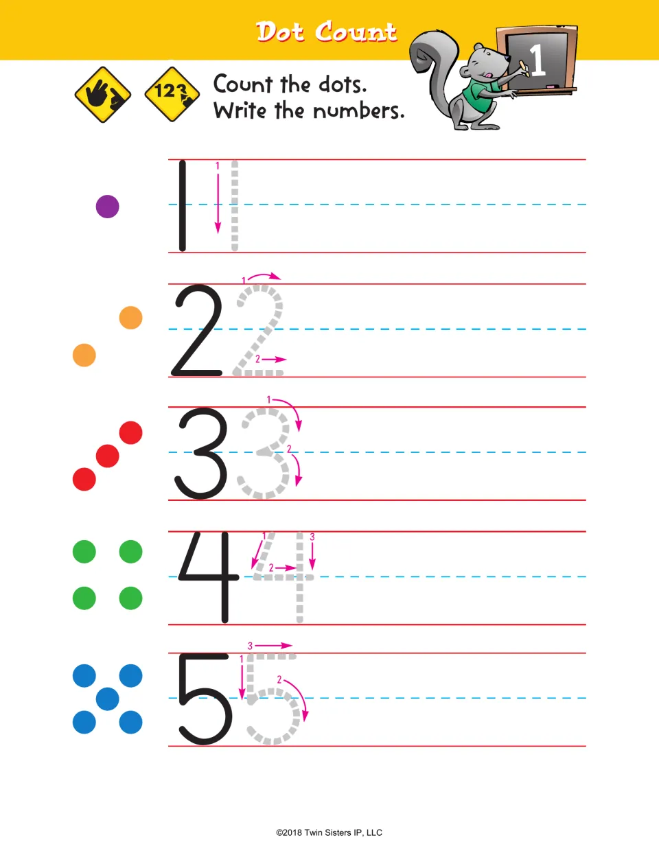Dot Count number practice pairs groups of one to five dots with numerals 1–5 for tracing and writing.