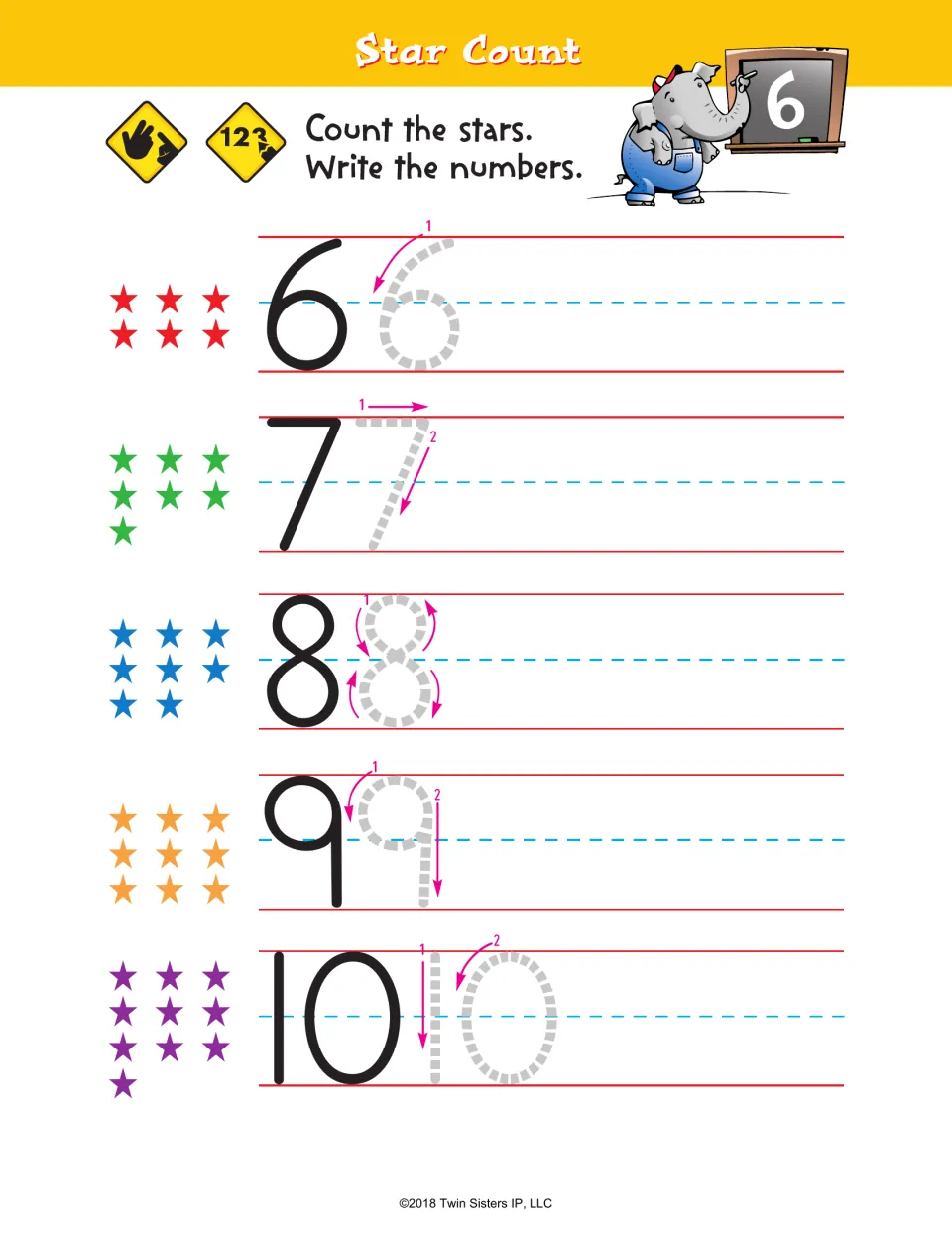 Star Count number practice pairs groups of six to ten stars with numerals 6–10 for tracing and writing.