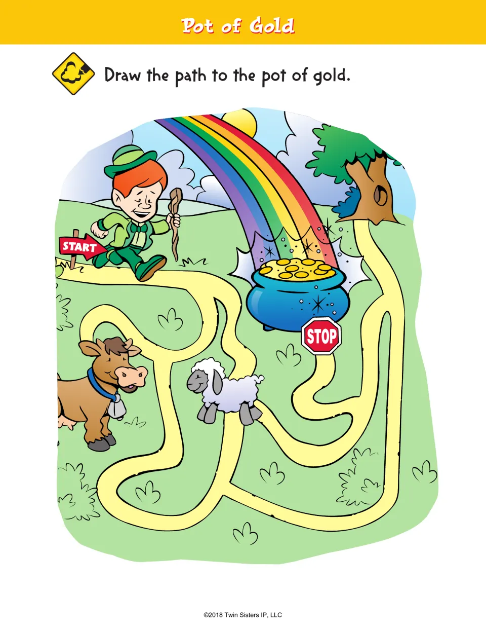 Pot of Gold maze asks children to draw a path from the leprechaun's start sign to the pot of gold.