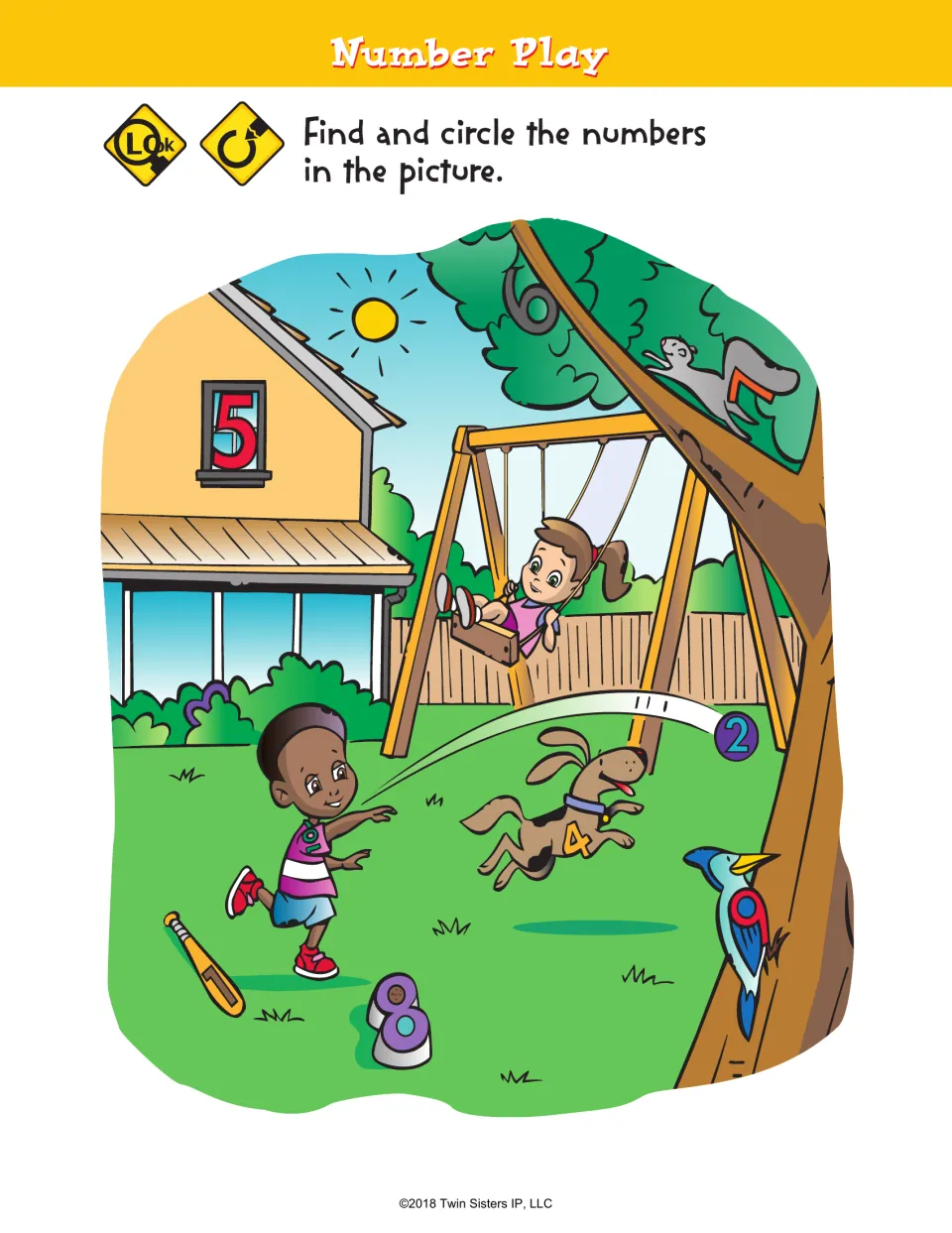 Number Play activity asks children to find and circle numbers hidden in a backyard scene with children.