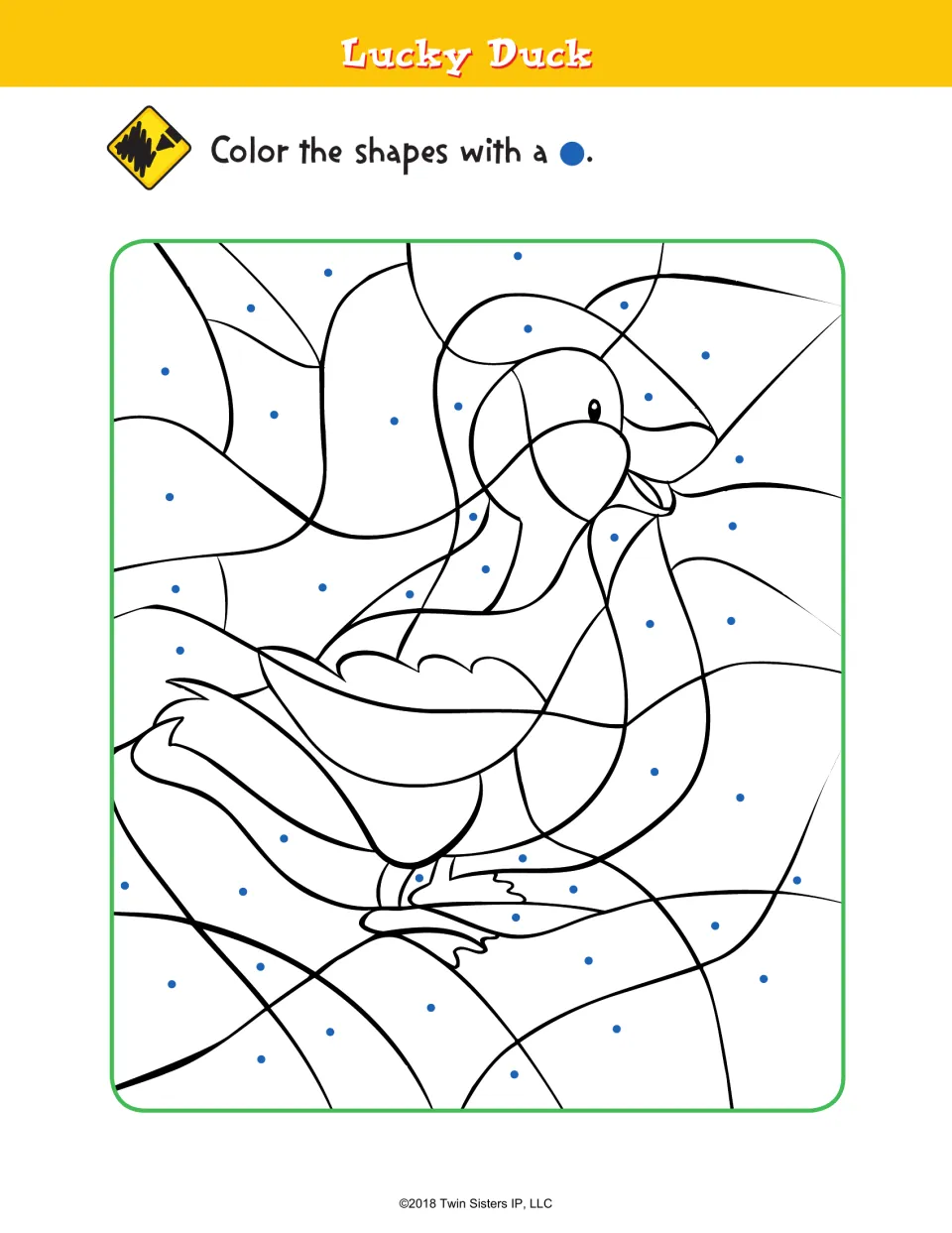 Lucky Duck coloring activity asks children to color shapes marked with a blue dot in a hidden duck picture.