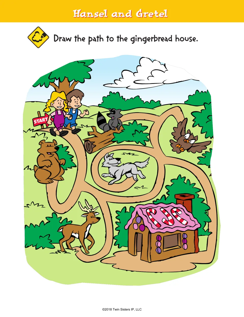 Hansel and Gretel maze asks children to draw a path from the characters to the gingerbread house.