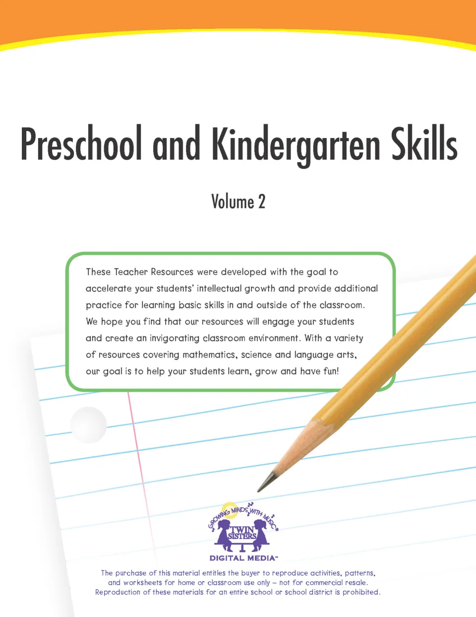 Preschool and Kindergarten Skills Volume 2 cover with a note on basic skills practice in math, science and language arts