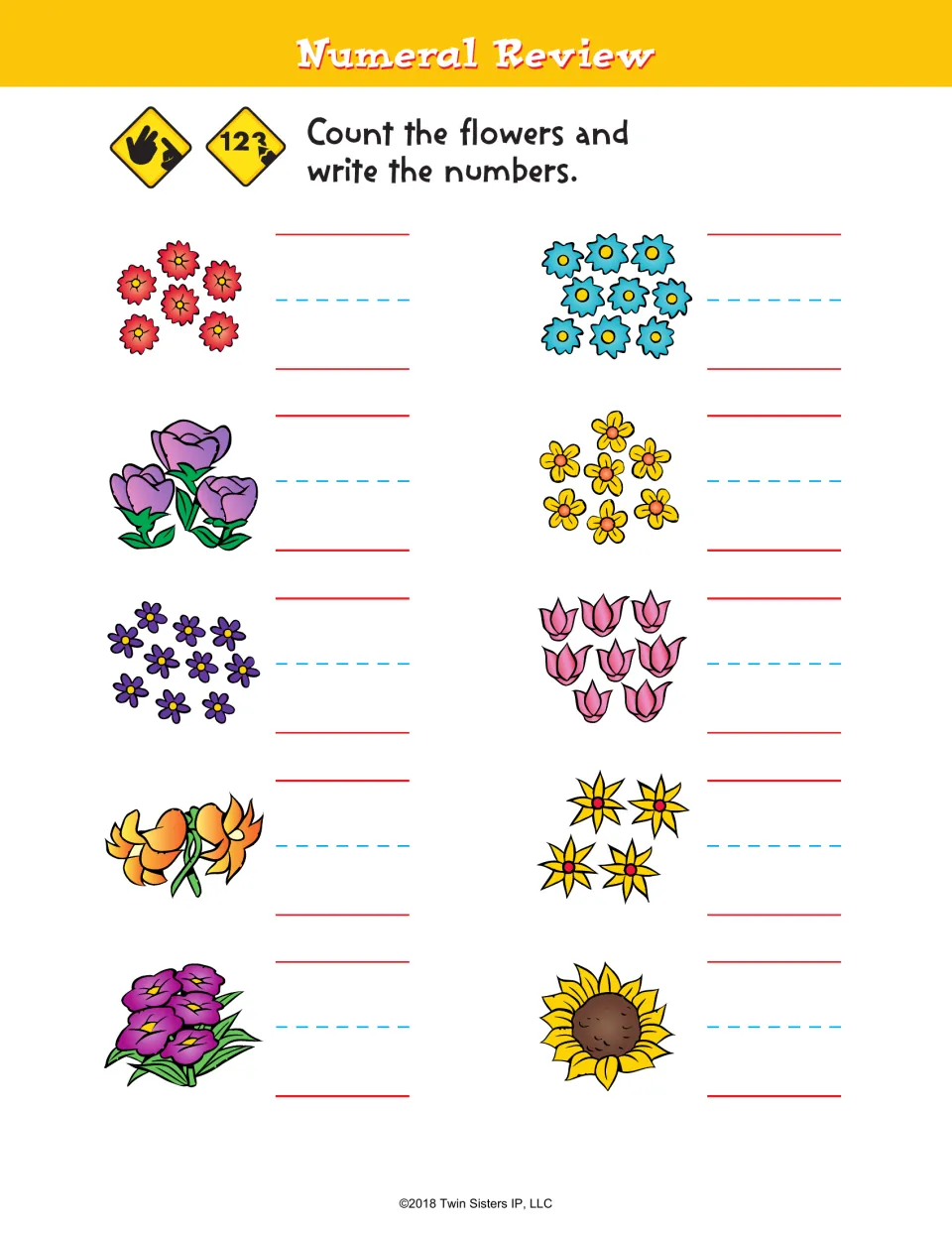Numeral Review: students count 10 flower groups, from one sunflower to bunches of tulips, and write each number