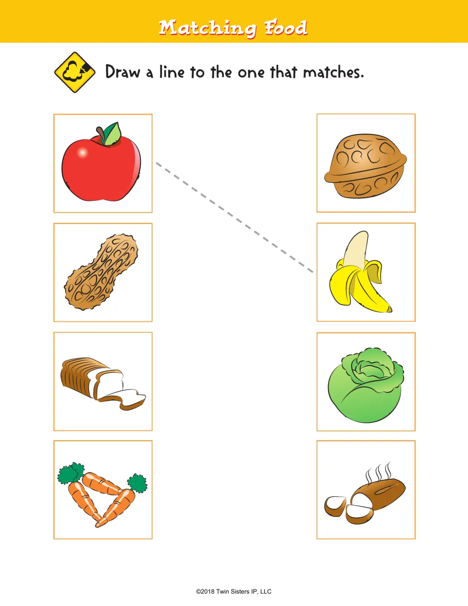 Matching Food: students draw lines from apple, peanut, bread and carrots to a matching food, like the apple-banana sample