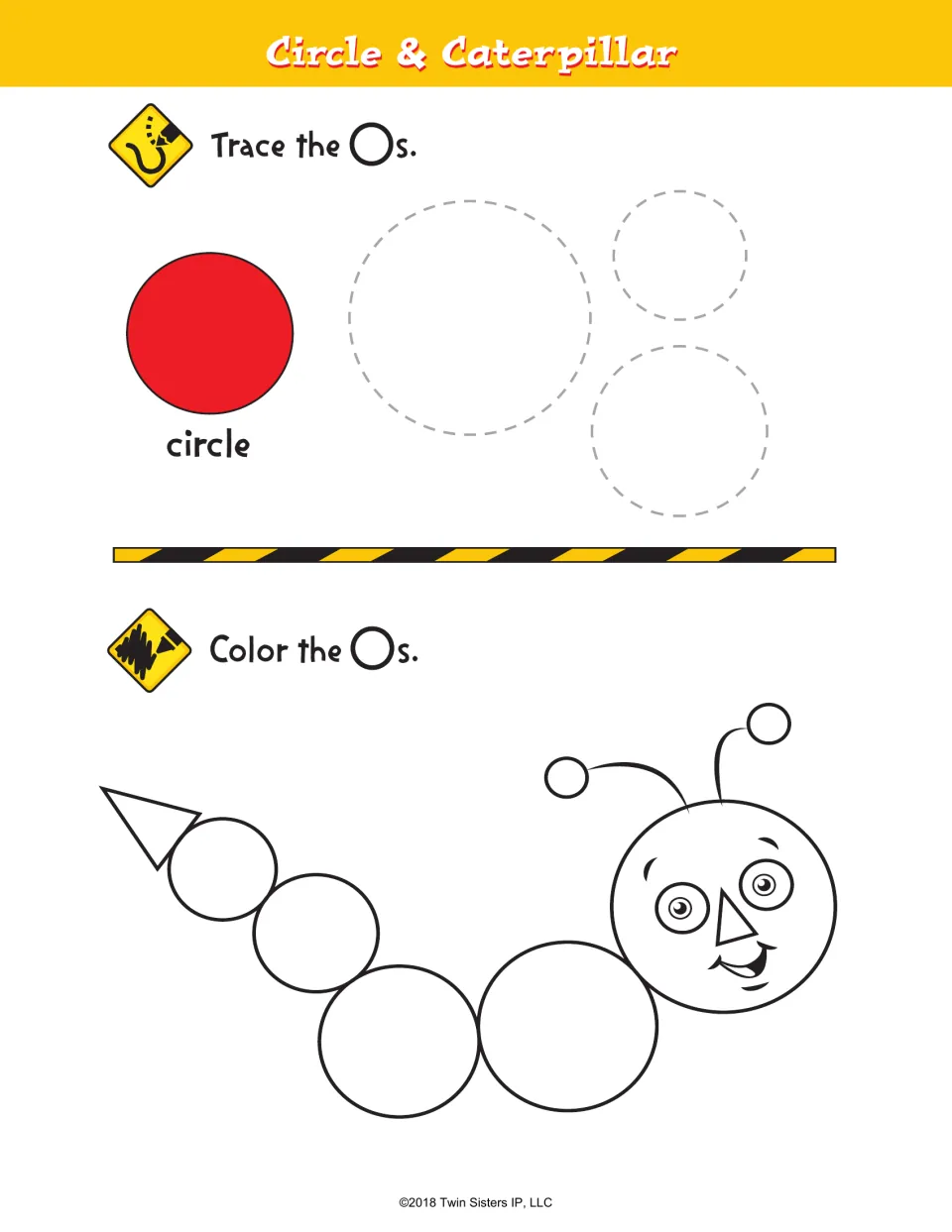Circle & Caterpillar: students trace three dashed circles, then color the circles that form a smiling caterpillar's body