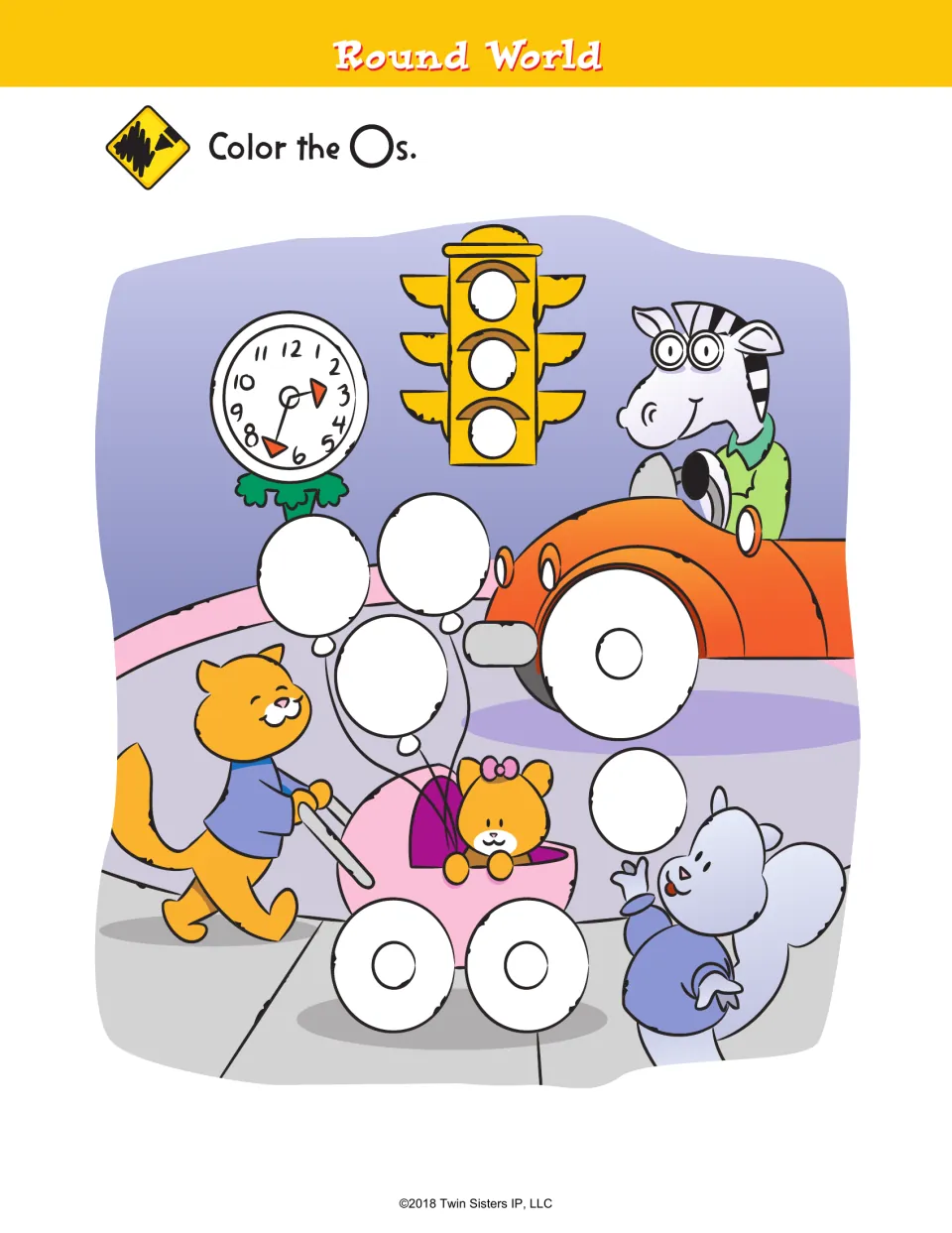 Round World: students find and color circles in a street scene, such as balloons, traffic lights, car and stroller wheels