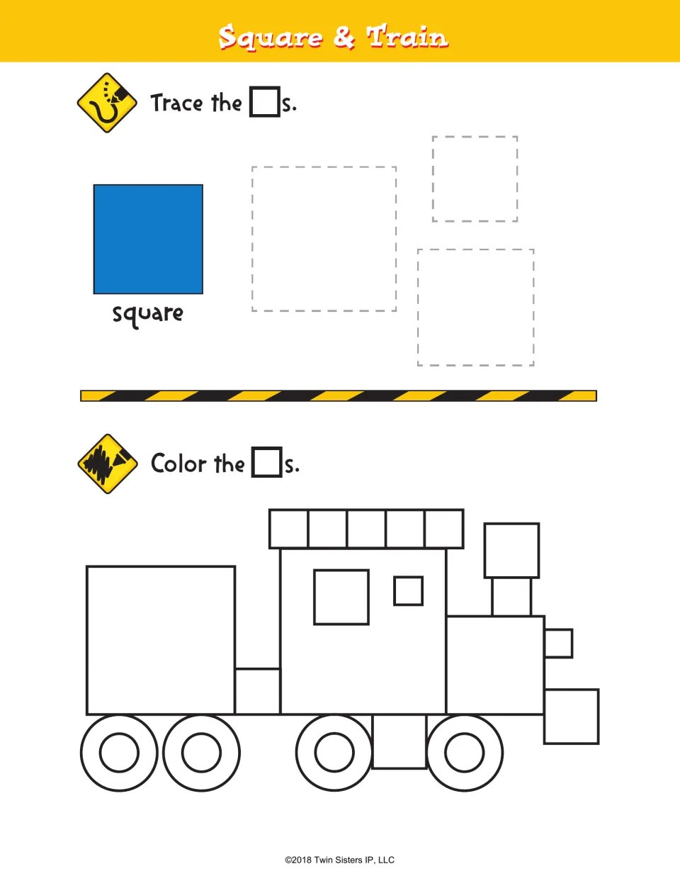 Square & Train: students trace three dashed squares, then color the squares used to build a train engine and its car