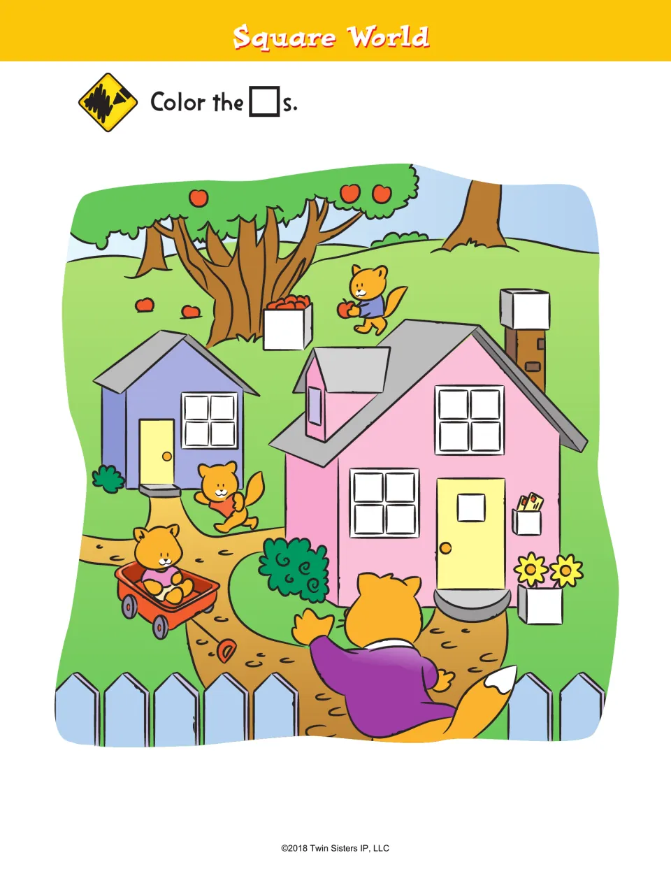 Square World: students color the squares hidden in a yard scene, such as house windows, a chimney top and planters