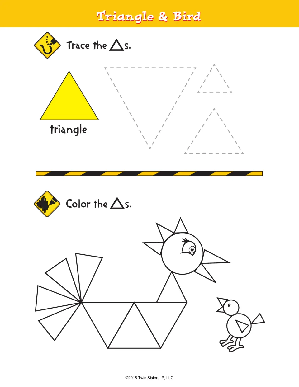 Triangle & Bird: students trace three dashed triangles, then color the triangles forming a bird's tail, body and crest